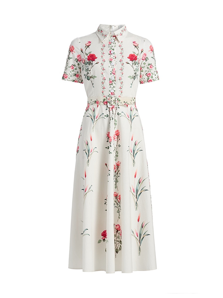 Women's Floral Shirtwaist Belted Cocktail Midi-Dress - White Mult