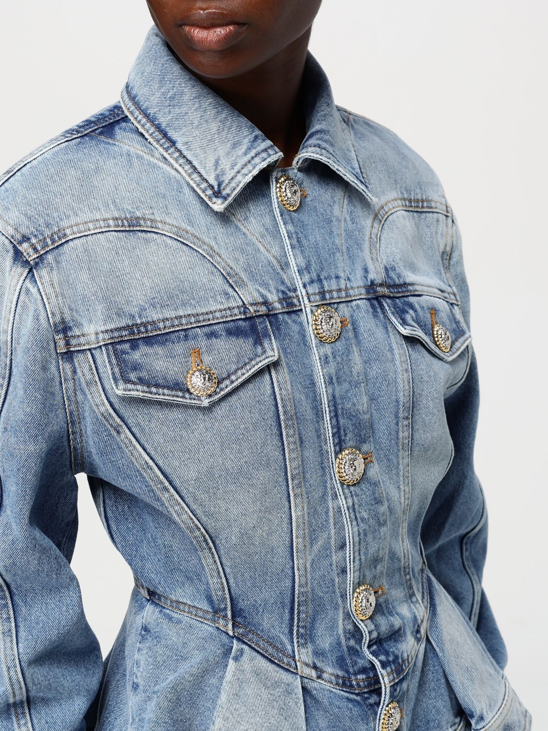 Logo-buttons pleated denim blazer - Blue