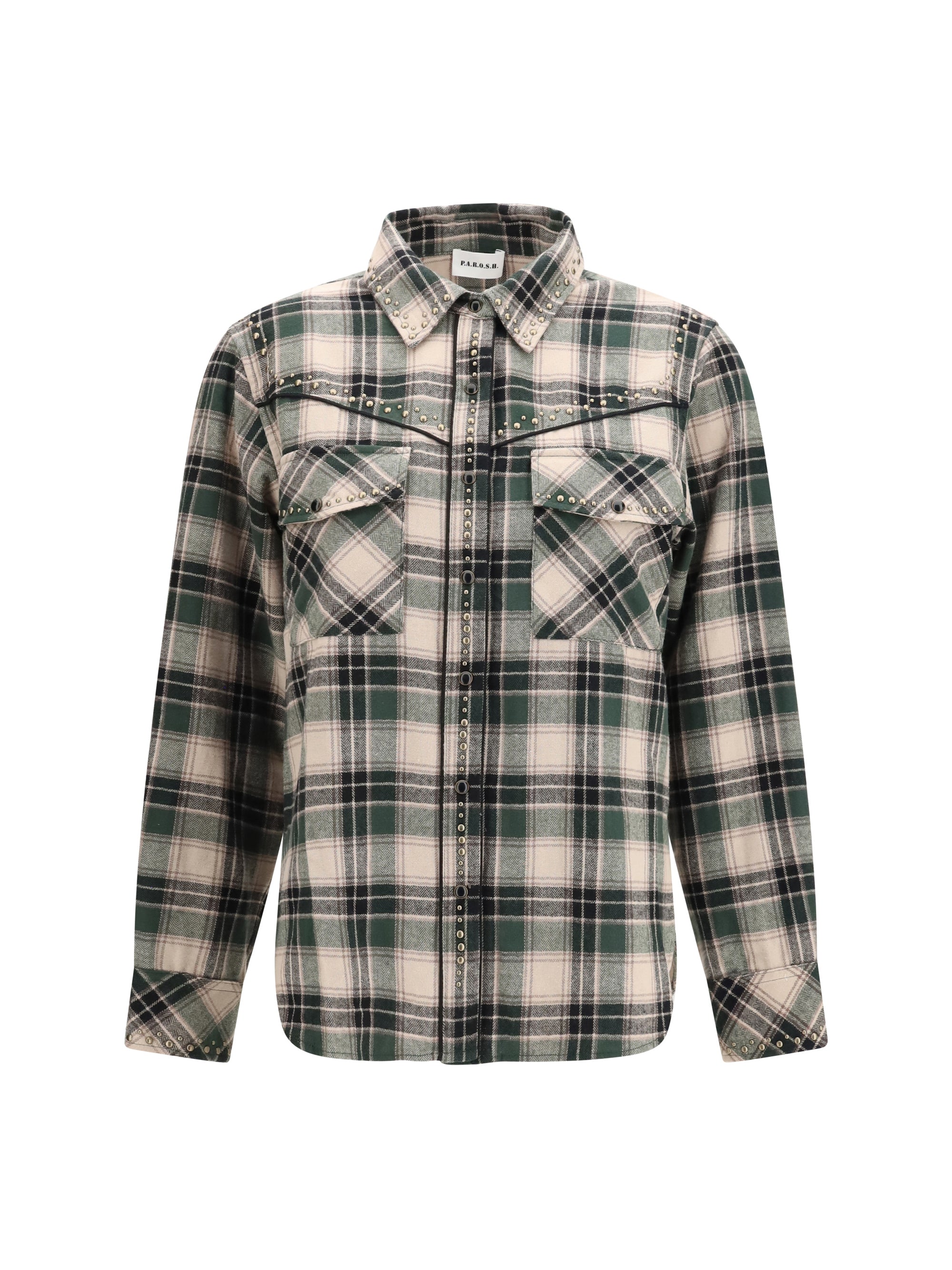Stud-Embellished Plaid Cotton Shirt — Green