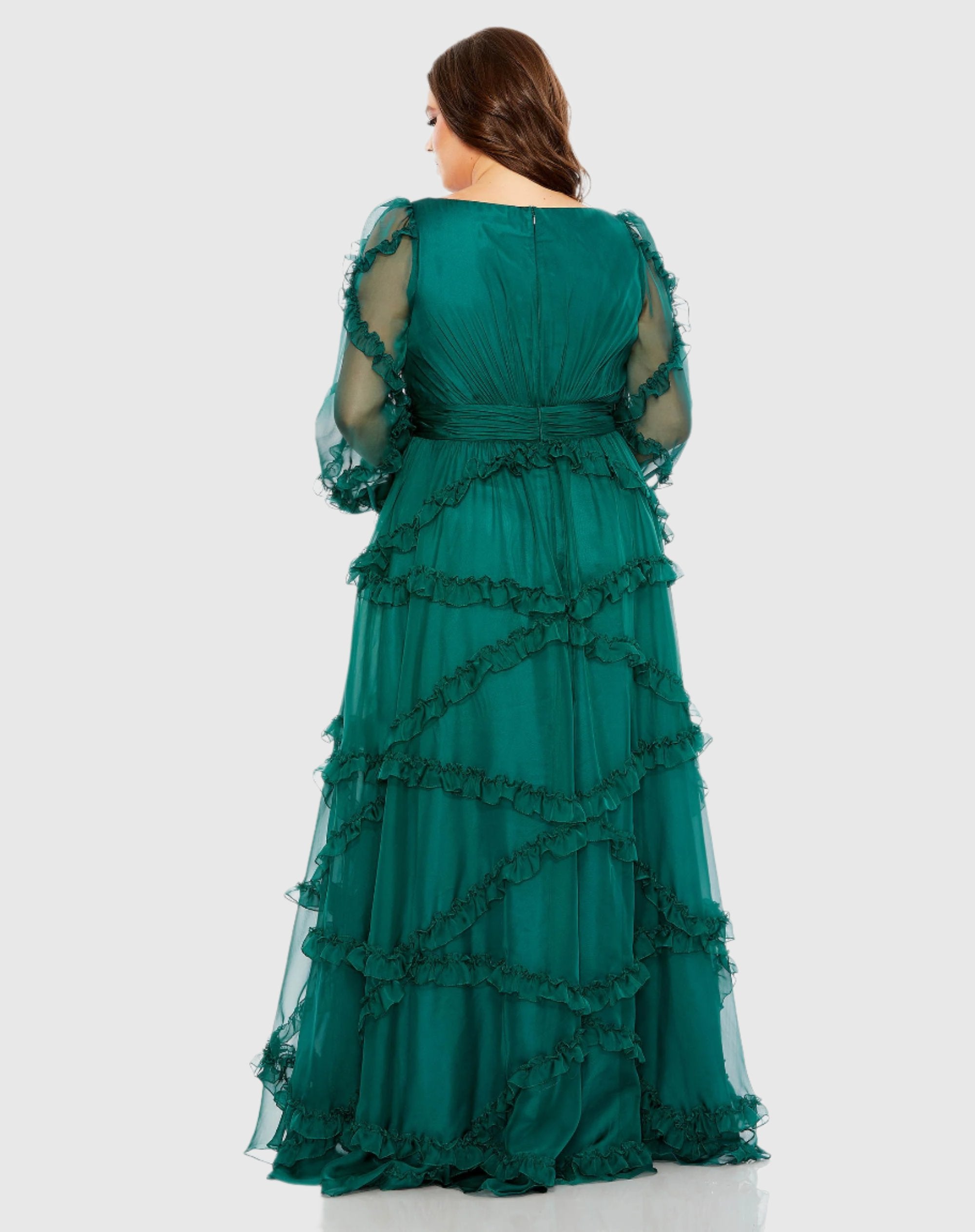 Plus Size Green V Neck Ruffle Tiered Puff Sleeve Wedding Guest Maxi Gown In Teal