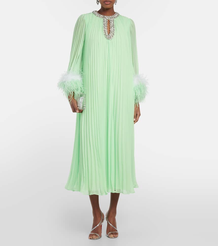 Self-Portrait Pleated feather-trimmed chiffon gown