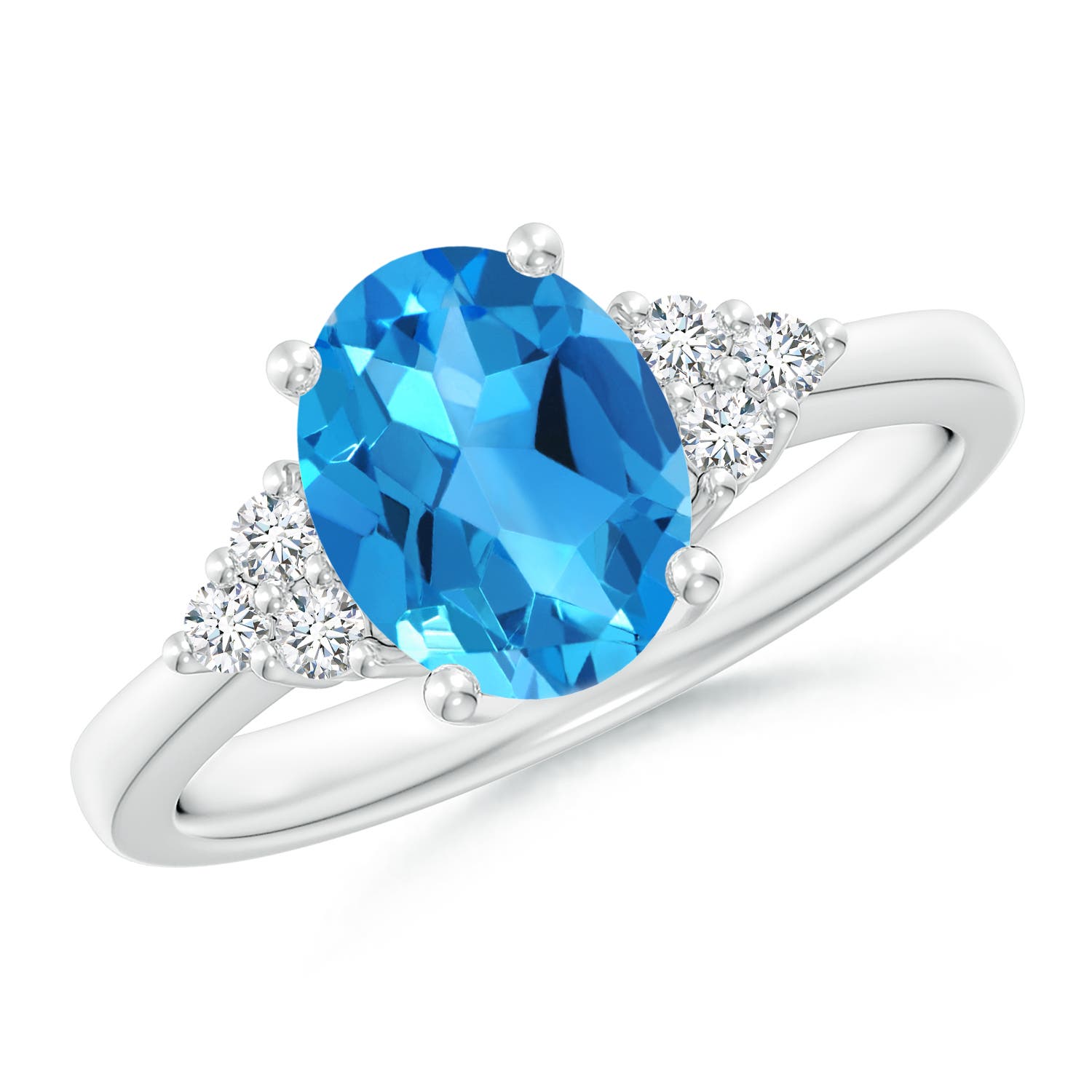 Angara 2.25 Carats Solitaire Oval Swiss Blue Topaz Ring with Trio Diamond Accents in Platinum