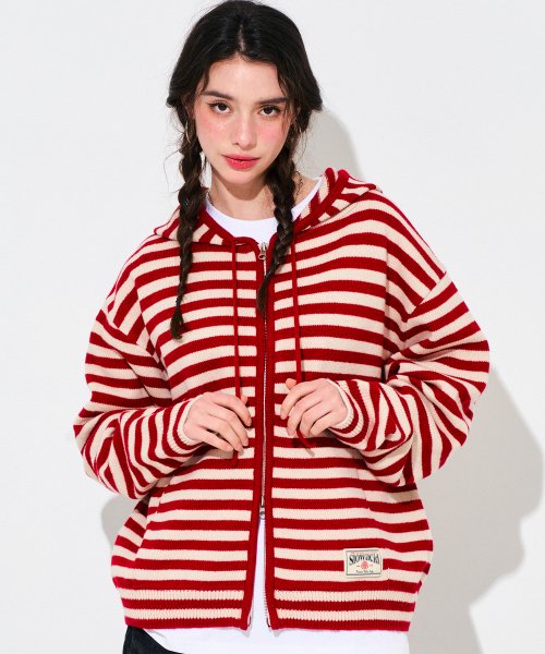 Striped knit hooded zip-up 