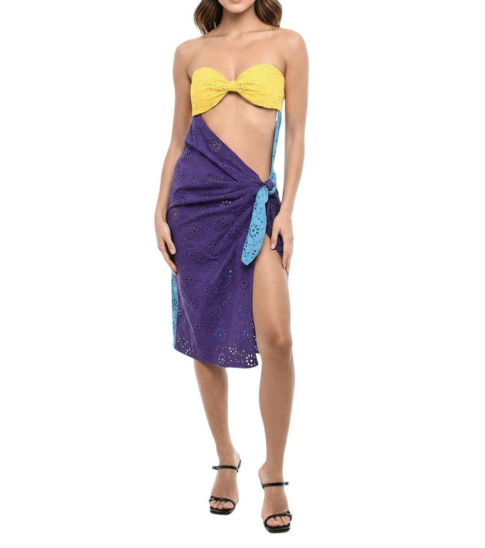Multicolor Color Block Strapless Midi Dress