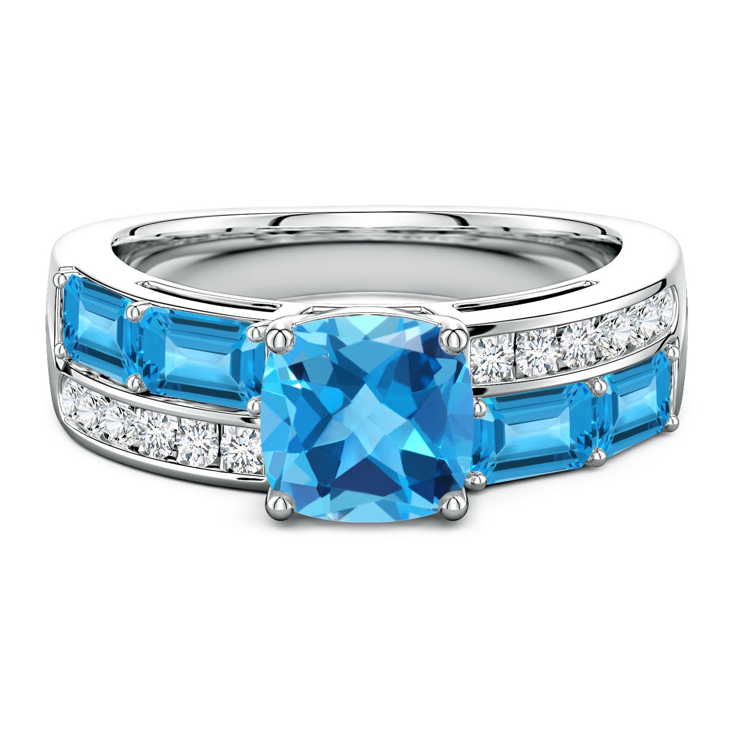 Lee Harris x Angara 3.5 CTW Cushion Swiss Blue Topaz Modern Art Deco Inspired Double Side Stone Shank Ring in Platinum