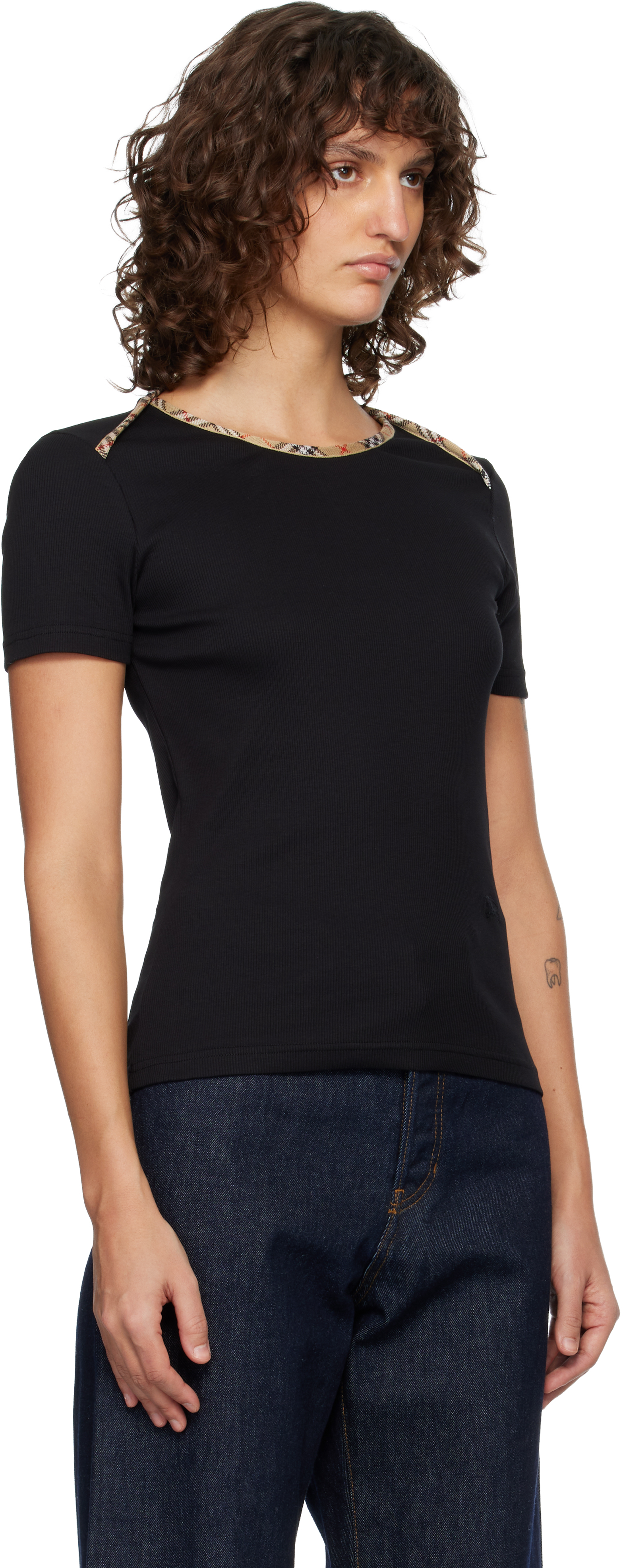 Black Check Trim Stretch Cotton T-shirt
