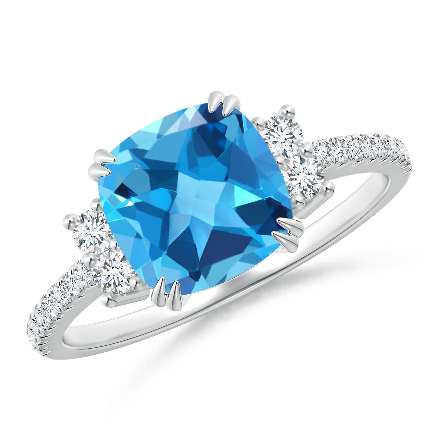 Angara 2.5 Carats Double Claw-Set Cushion Swiss Blue Topaz Ring in Platinum