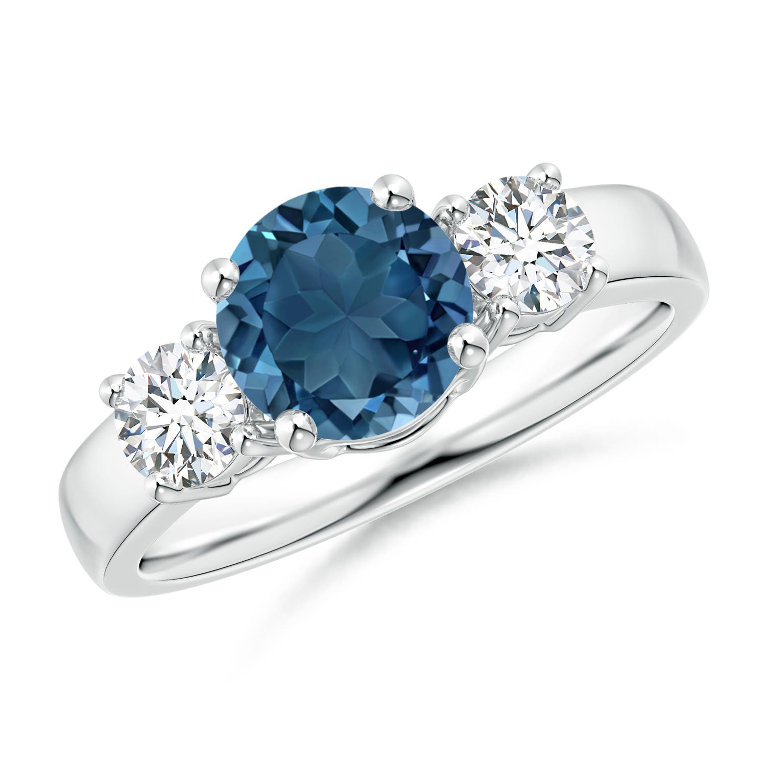 Angara 1.55 Carats Classic Round London Blue Topaz and Diamond Three Stone Engagement Ring in Platinum