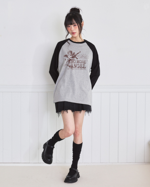 No More Angel Print Semi Oversized Long Sleeve Gray