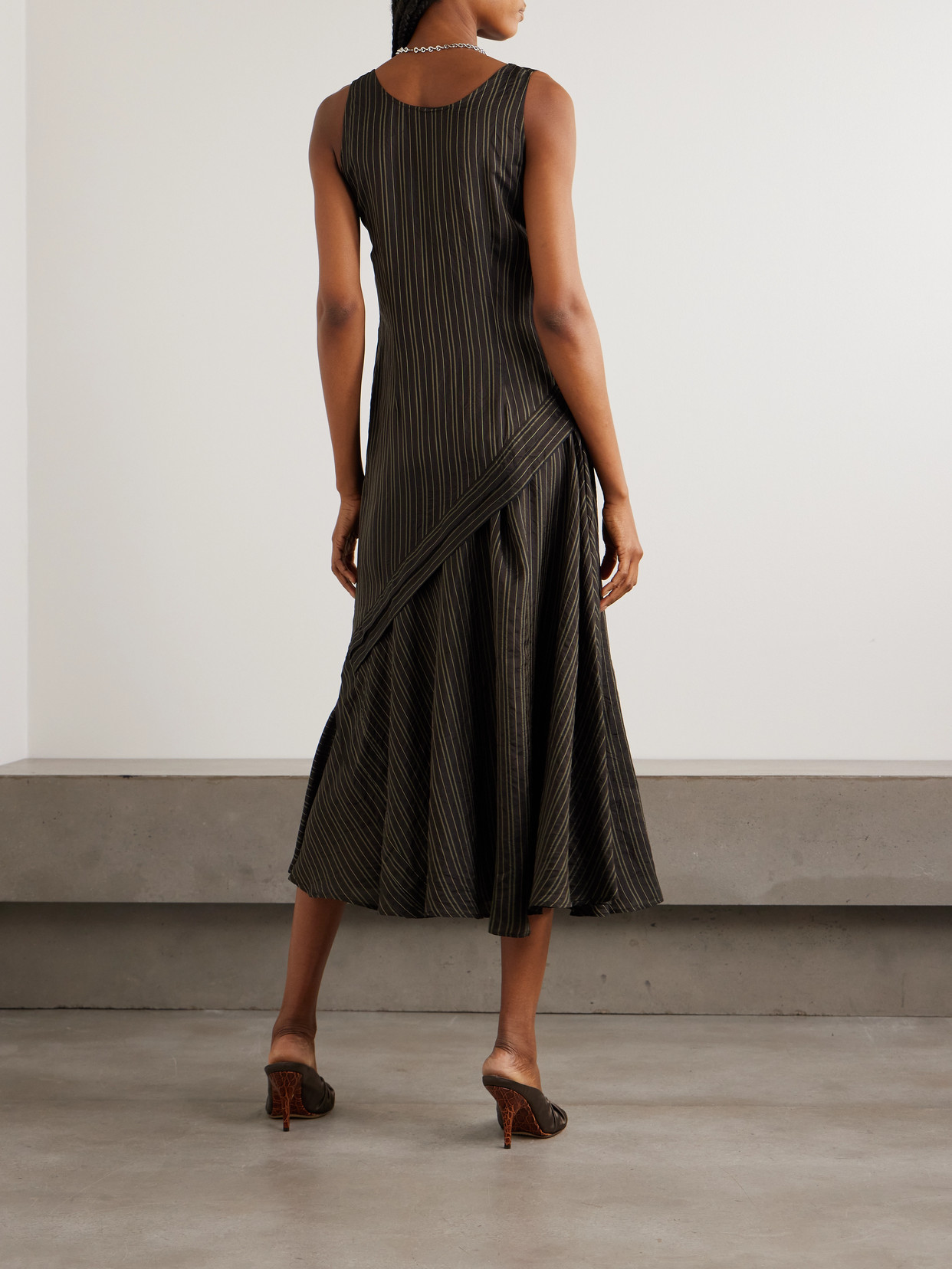 Striped Satin Midi Dress - Brown