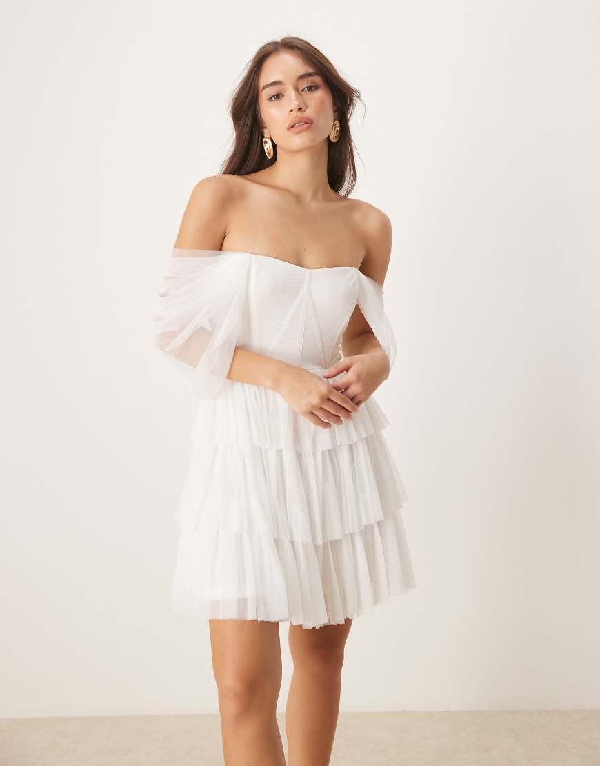 Off the shoulder corset tulle mini dress in ivory-White