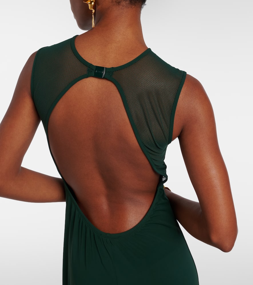 Scene mesh-trimmed jersey maxi dress