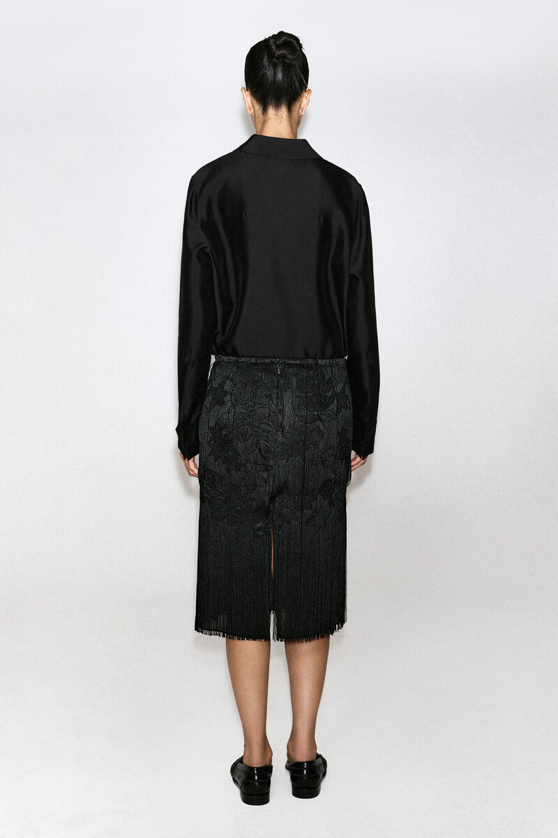 Embroidered Fringed Midi Skirt