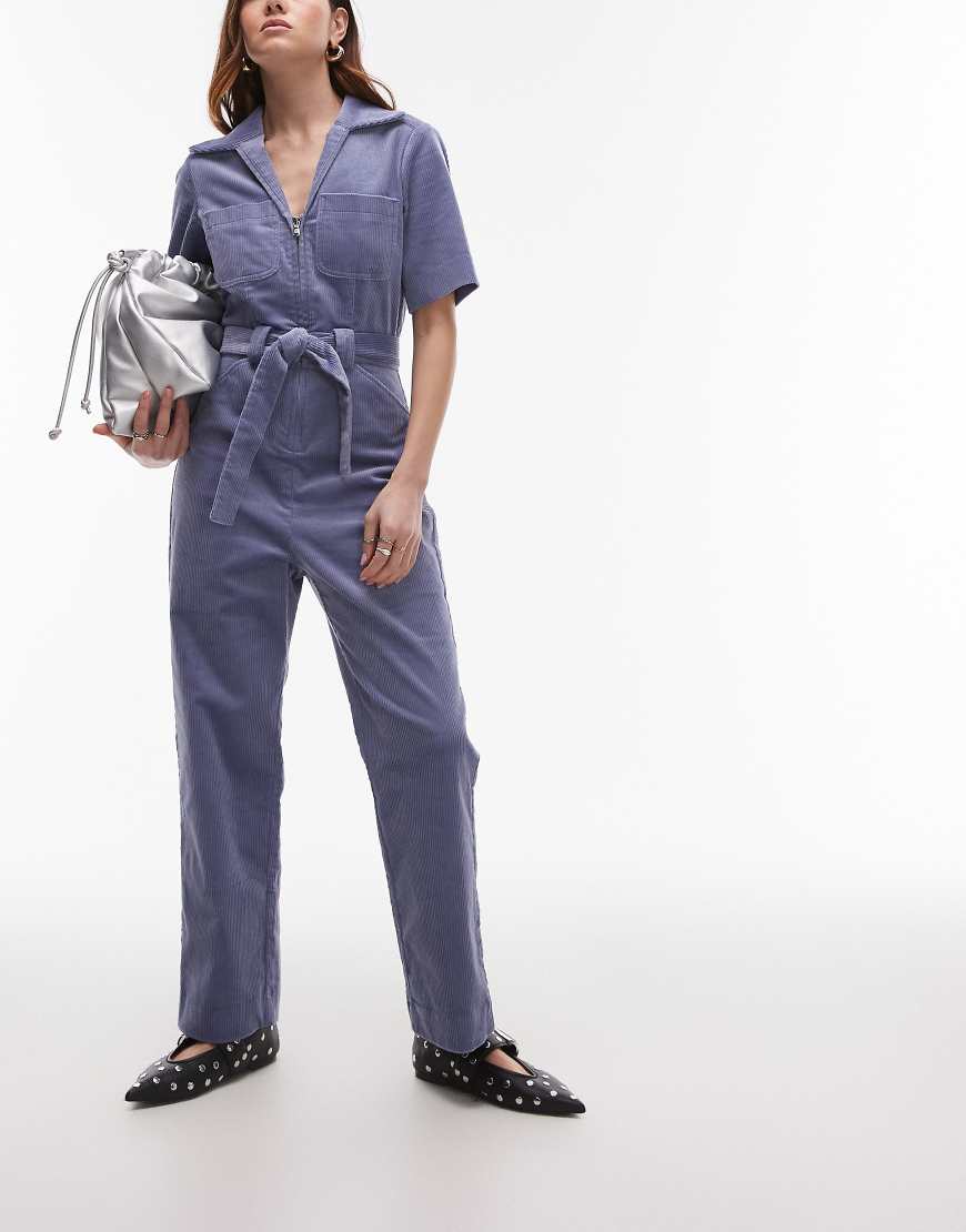 & belted cord jumpsuit in light blue