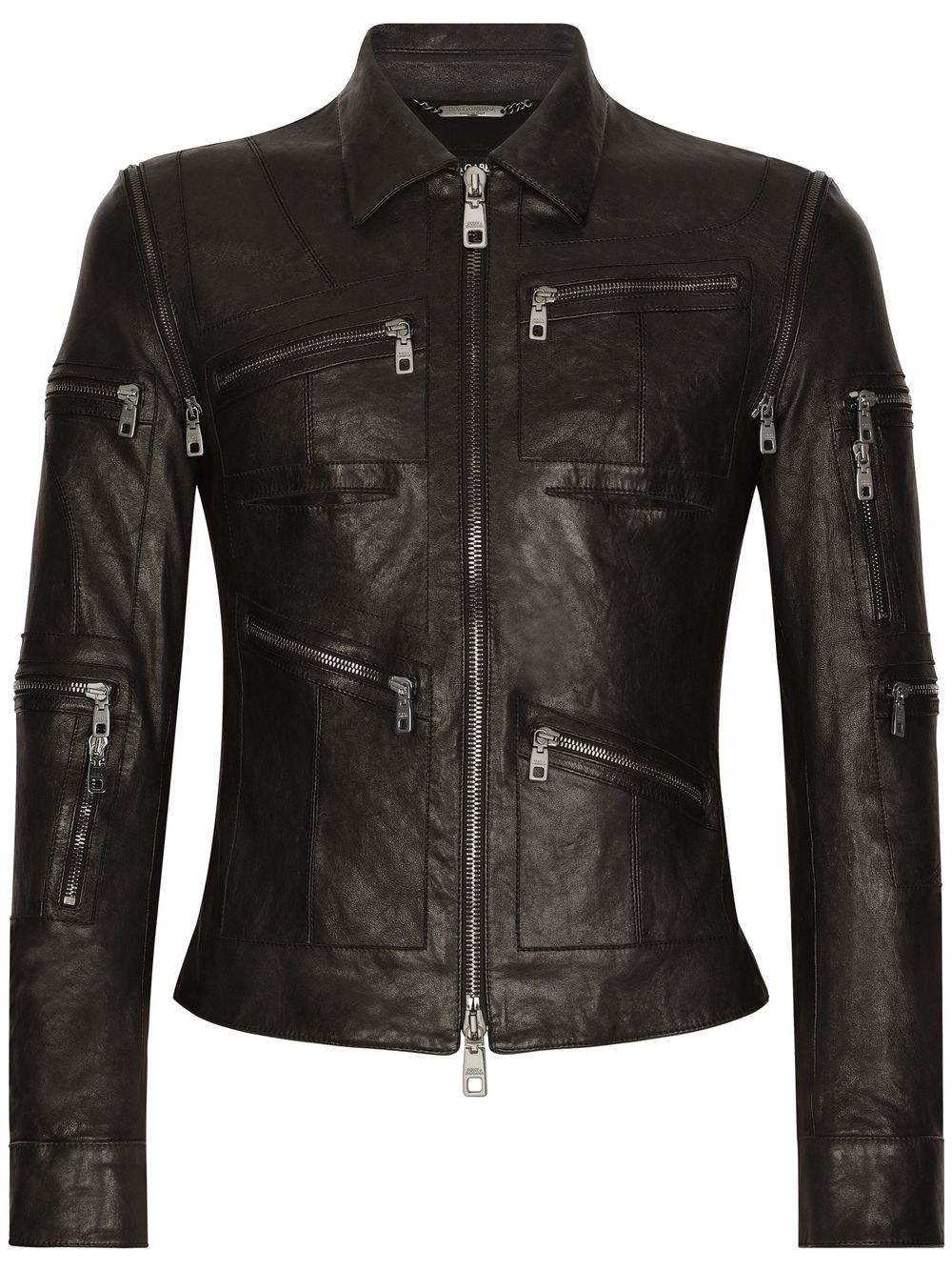 Multiple zip-pockets leather jacket - Black