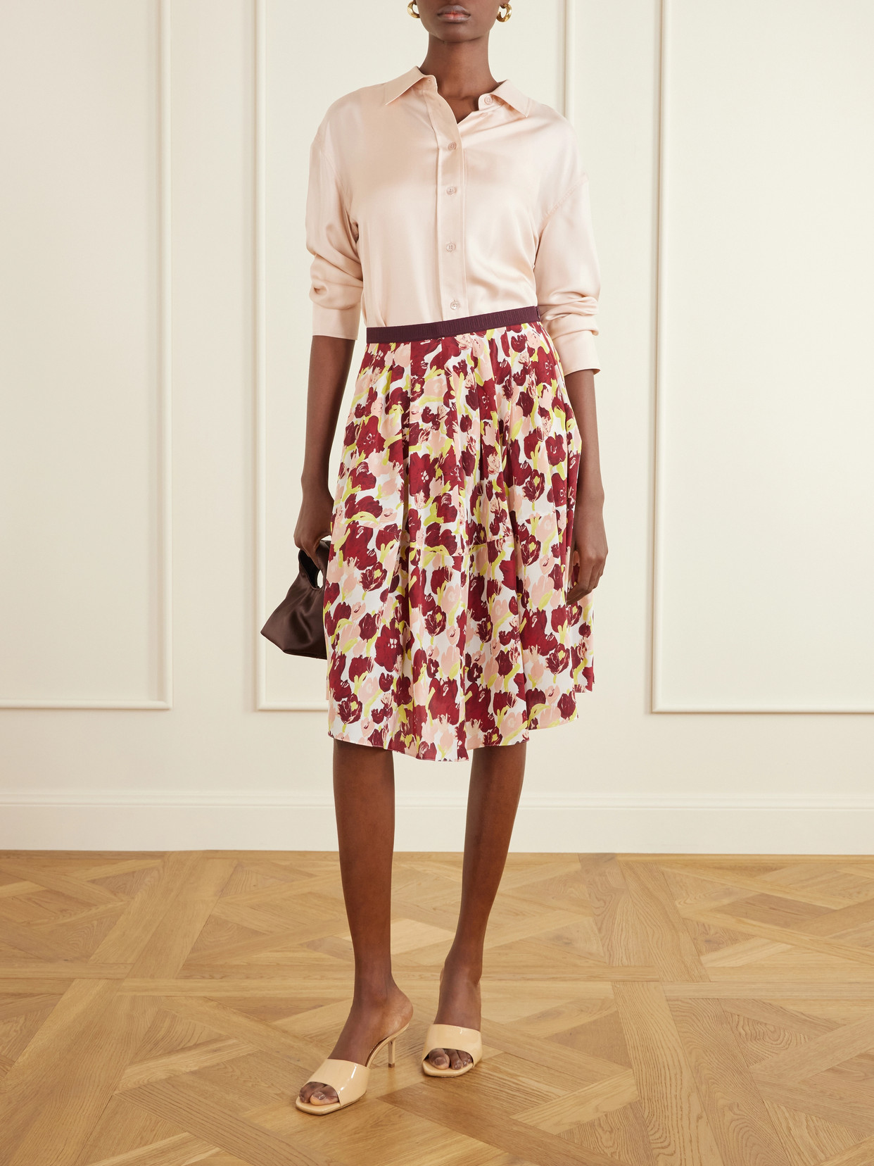 Pleated Printed Silk Crepe De Chine Midi Skirt - Multi