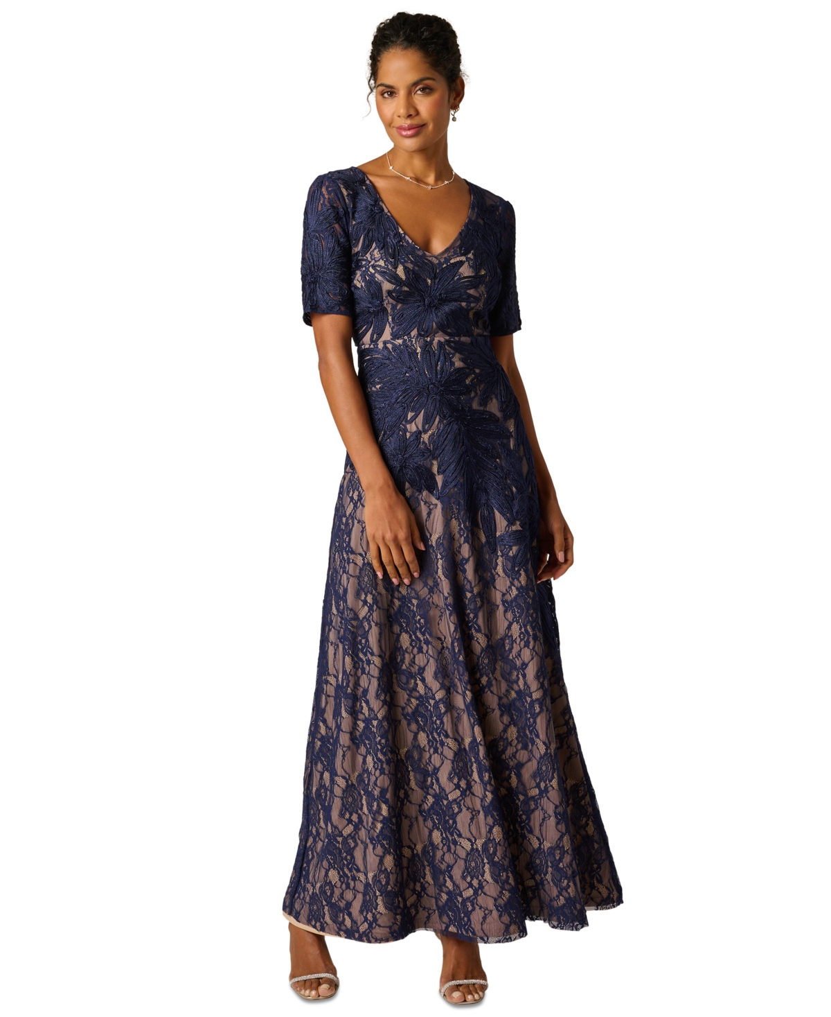 Women's V-Neck Lace Dress - Navy/Nude