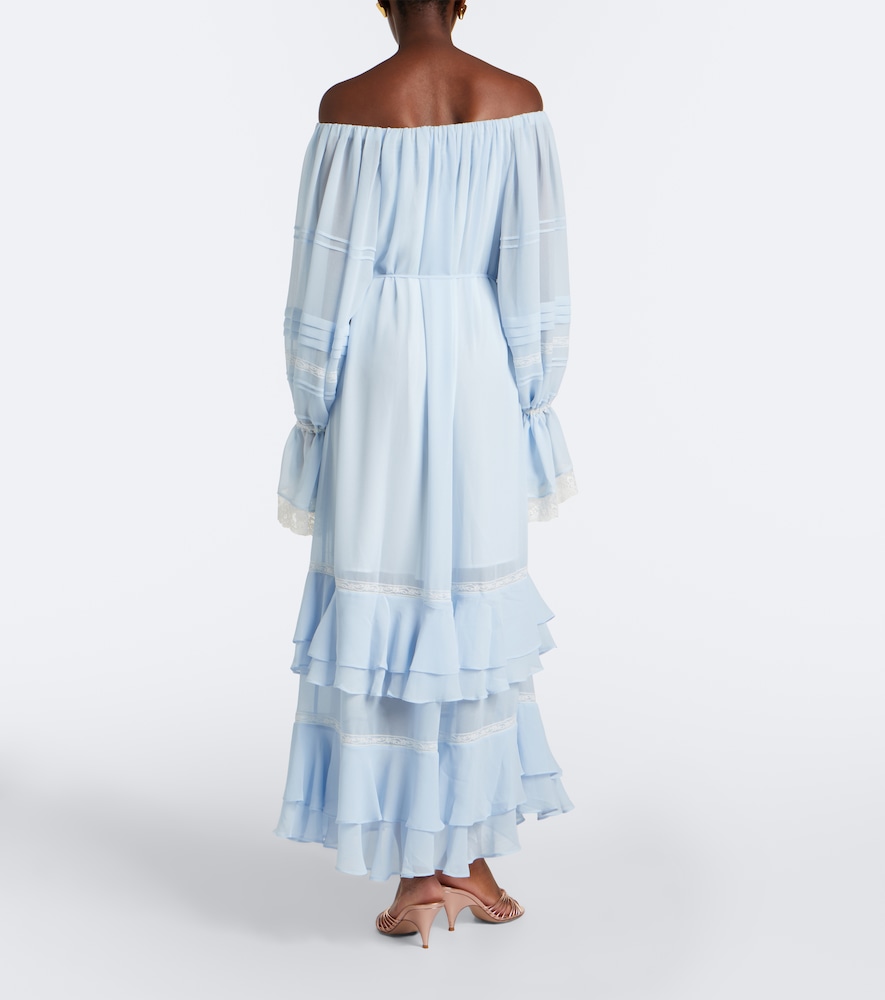 Ruffled off-shoulder lace-trimmed maxi dress