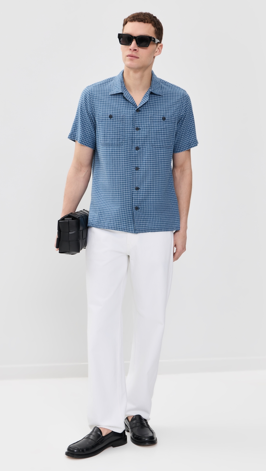 Billy Short Sleeve Plaid Collared Shirt Indigo Cream