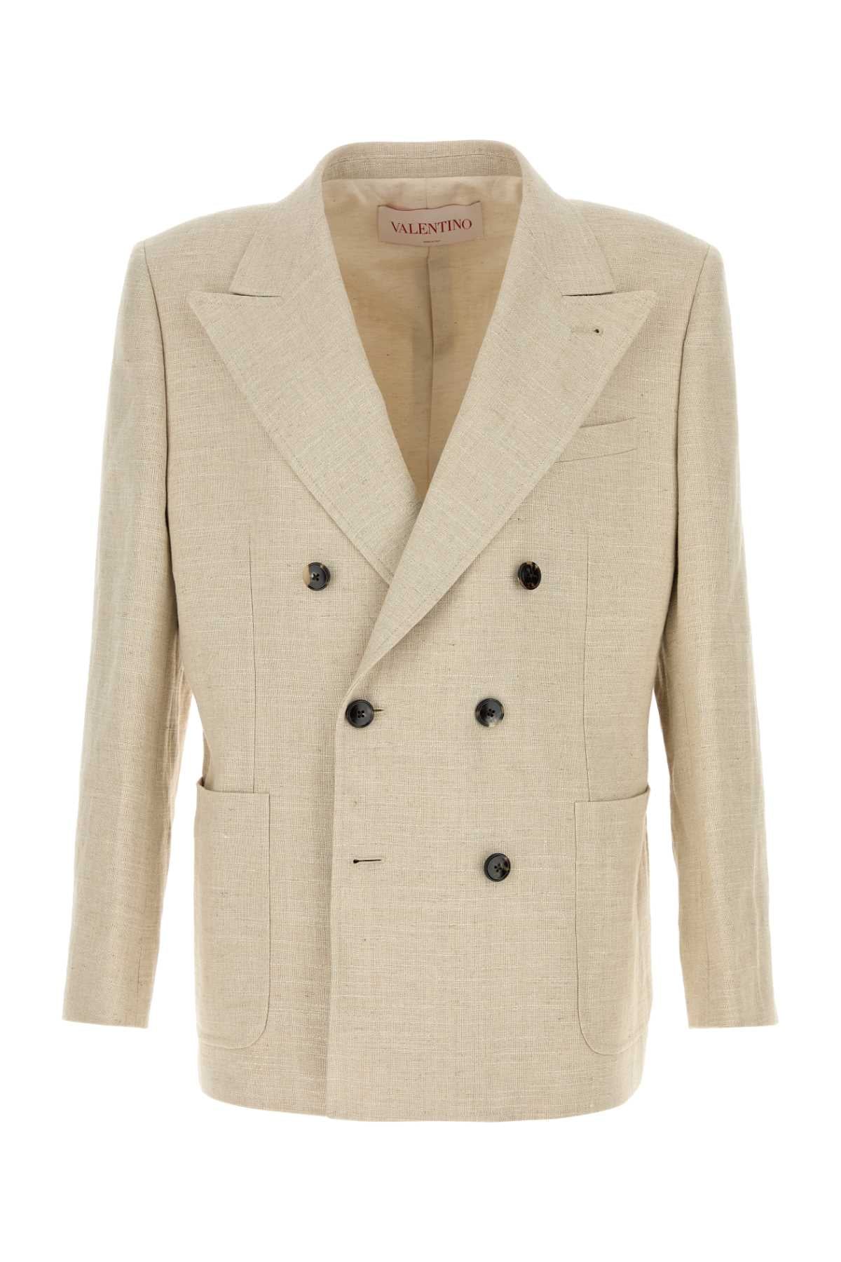 Double-Breasted Linen Blend Blazer — Beige