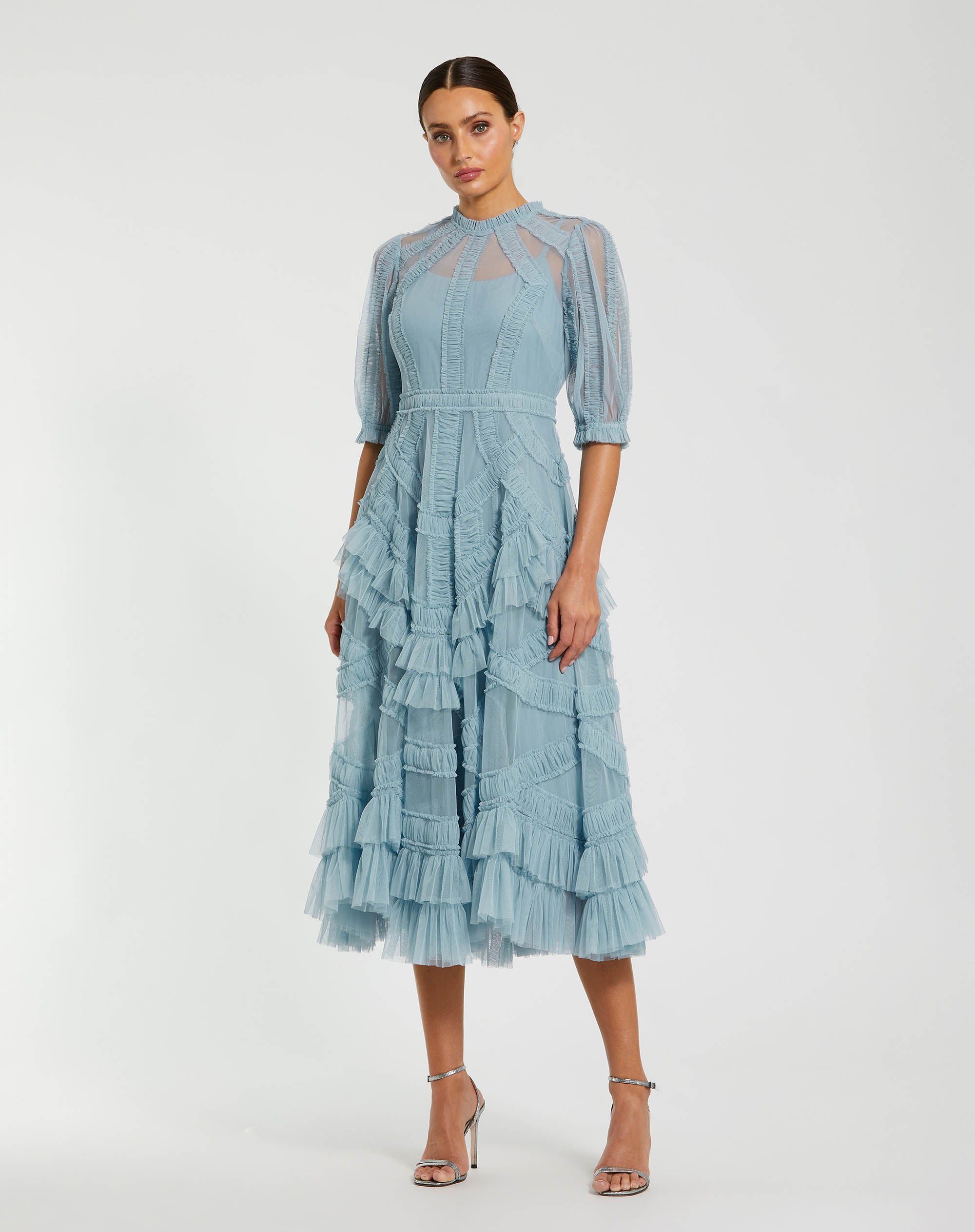 Light Blue High Neck Micro Ruffle Tiered Midi Dress In