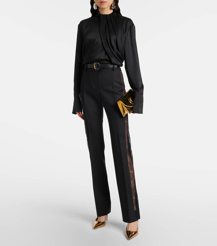 Lace-trimmed wool straight pants