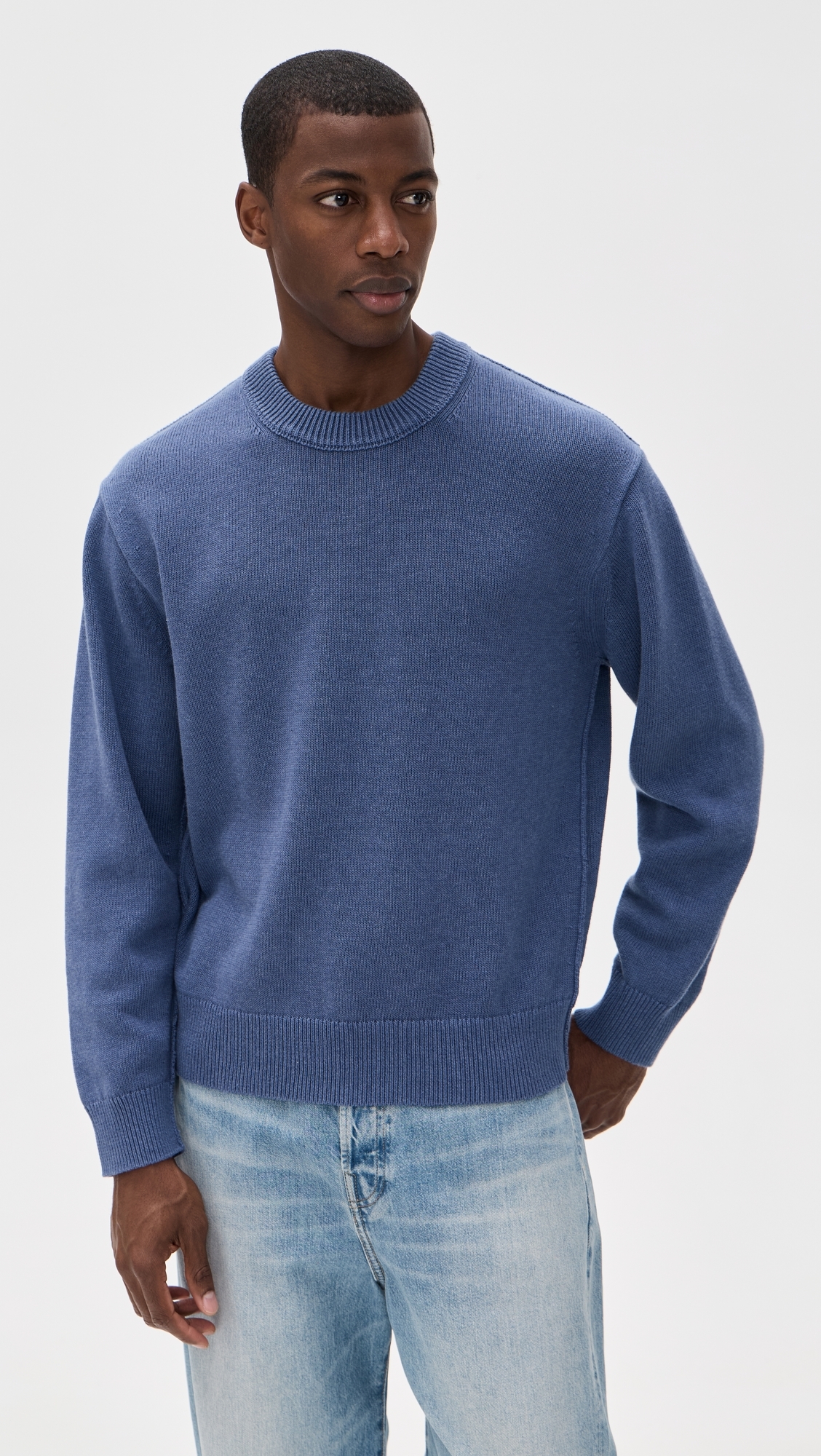 Gabriel Crew Neck Sweater In Cotton Linen Worn Denim