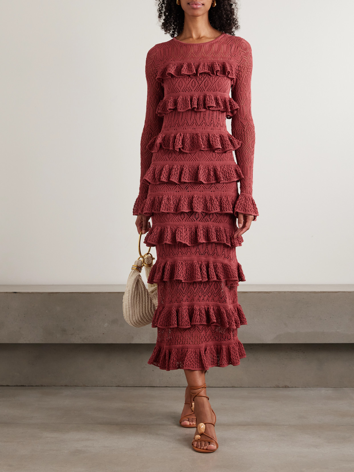 Wanderlust Ruffled Open-knit Maxi Dress - Red
