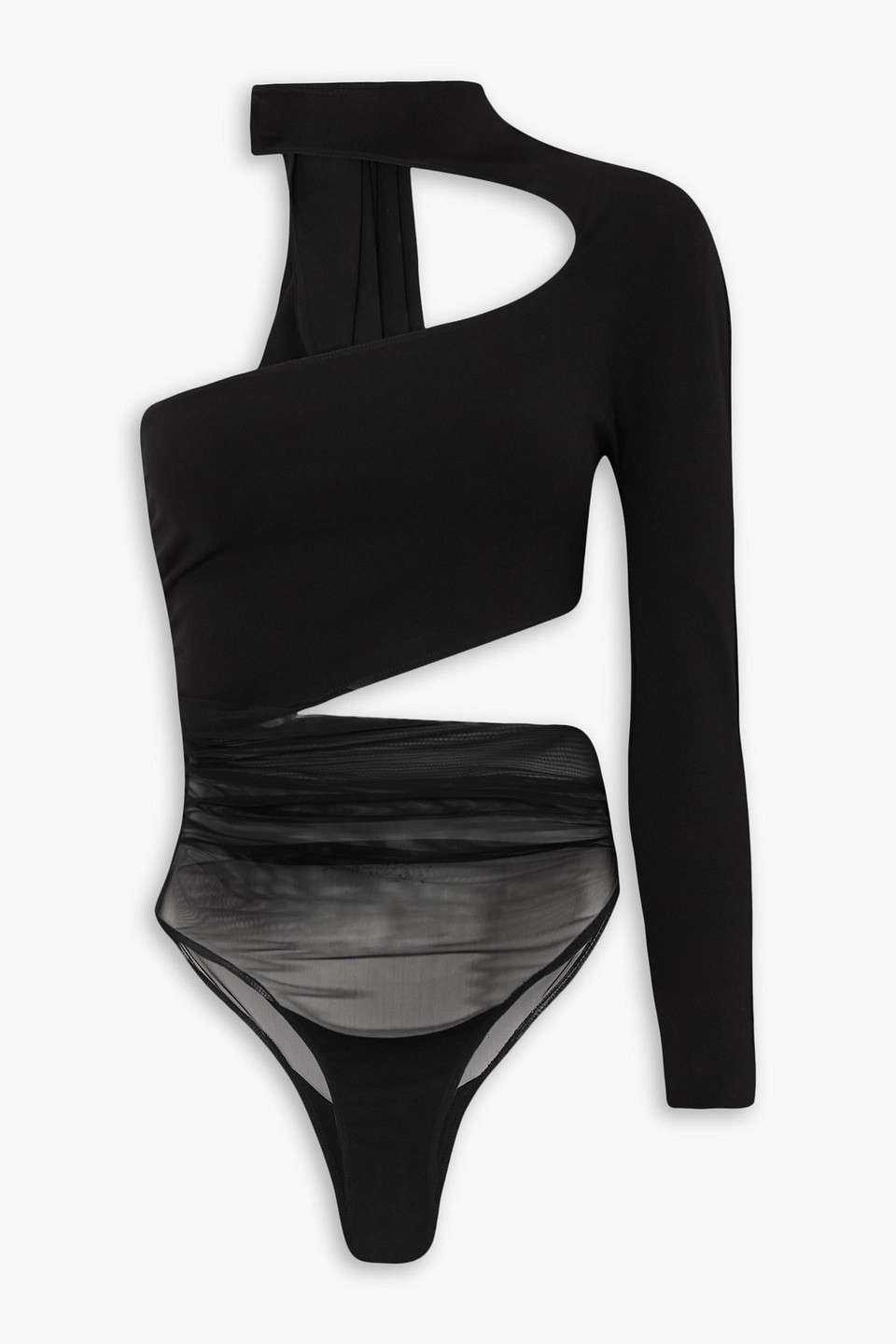 Illusion one-sleeve tulle-paneled stretch-jersey bodysuit