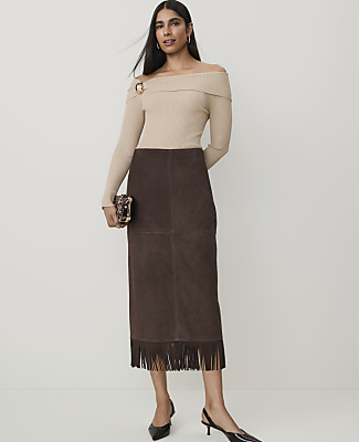 Ann Taylor Studio Collection Suede Fringe Column Skirt