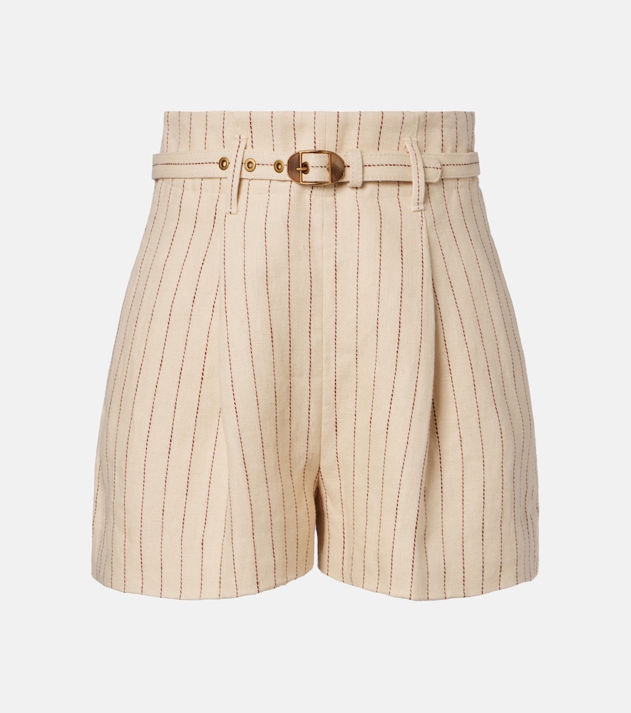 Striped belted linen shorts