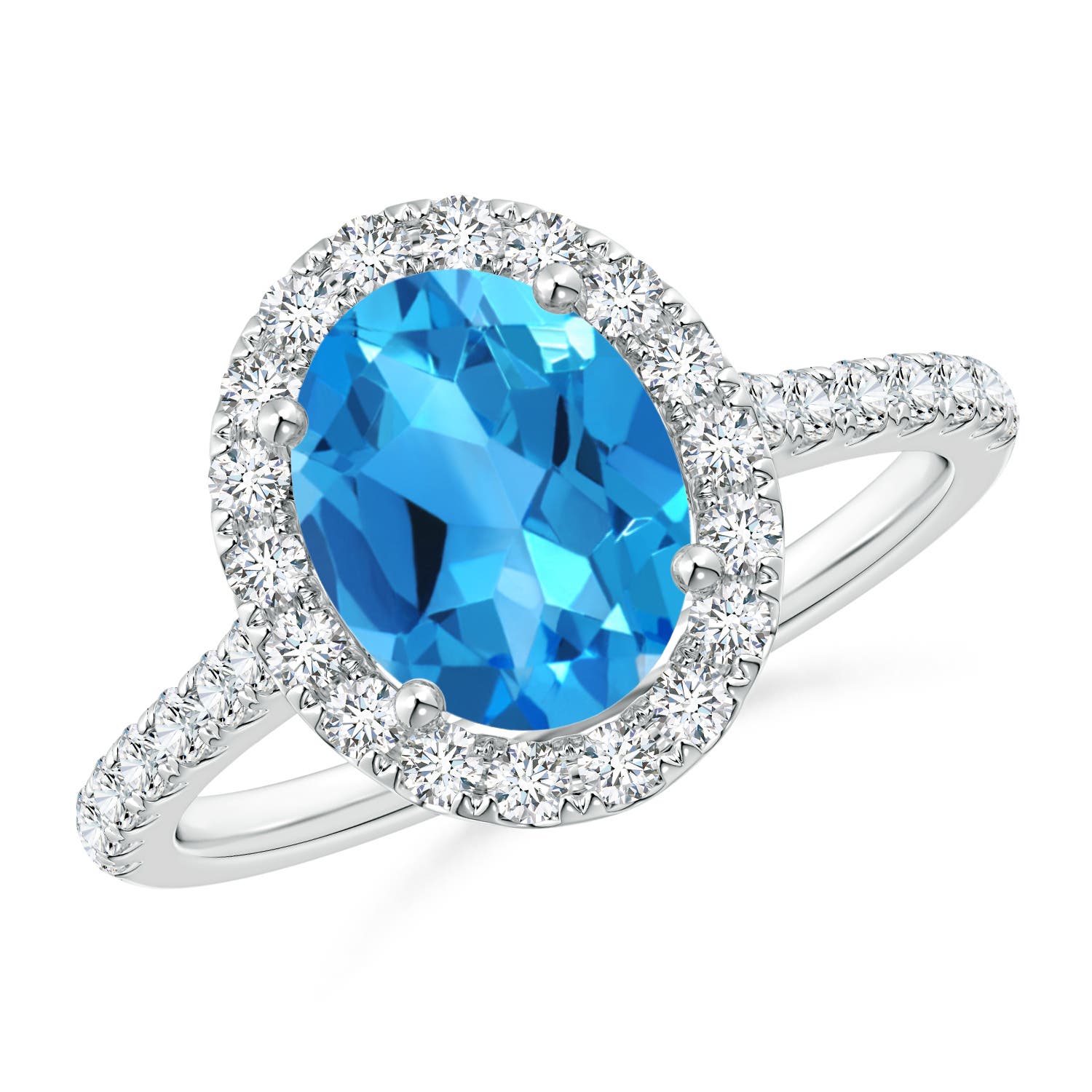 Angara 2.25 Carats Prong-Set Oval Swiss Blue Topaz Halo Ring with Diamond Accents in Platinum