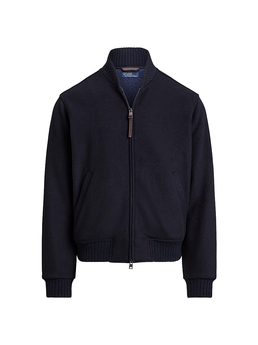 Men's Wool-Blend Zip-Up Bomber Jacket - Collection Navy