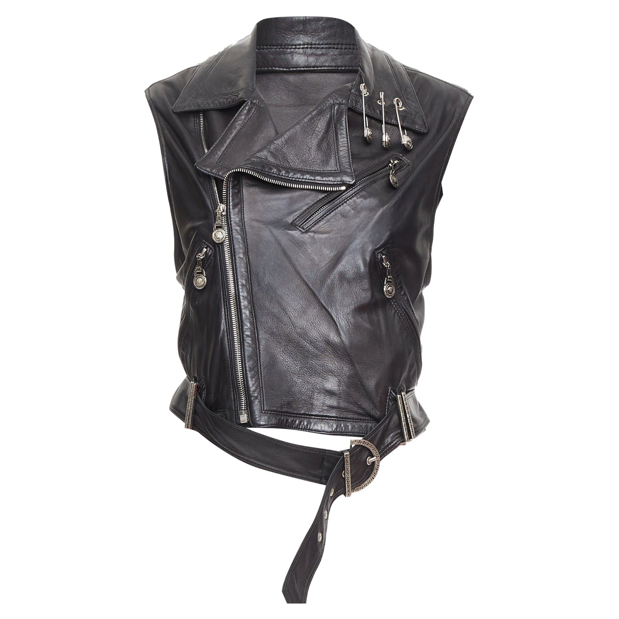GIANNI 1994 Vintage leather medusa safety pin biker vest IT38 XS