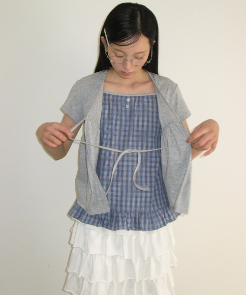CARDIGAN LAYERED SOFT CHECK T SHIRT GREY