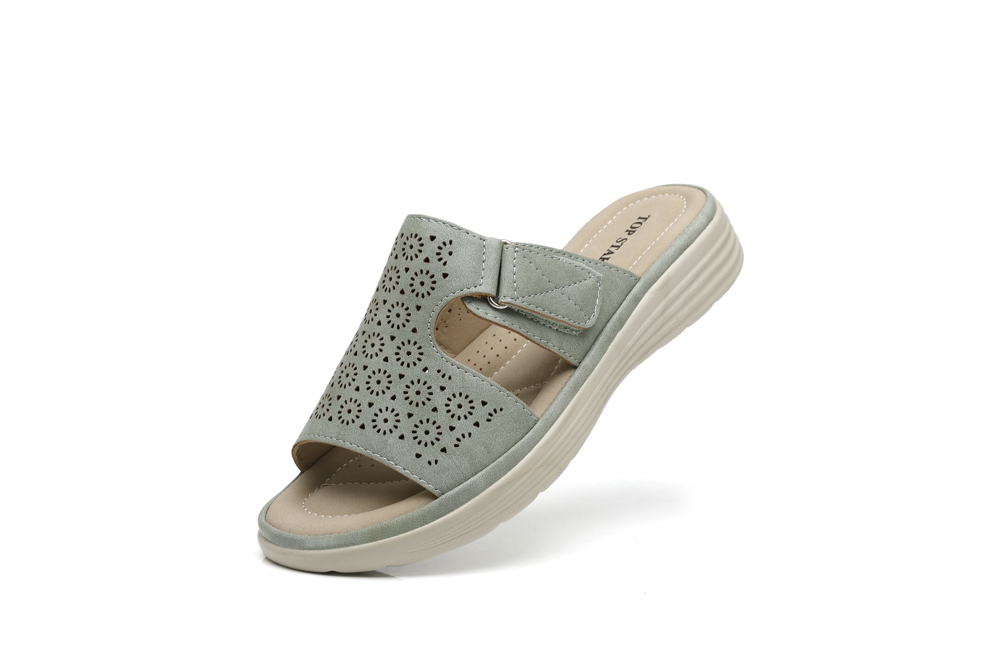 IVACHY Women's Bohemian Style Perforated Lightweight Mule Slippers Slide Sandals in Green