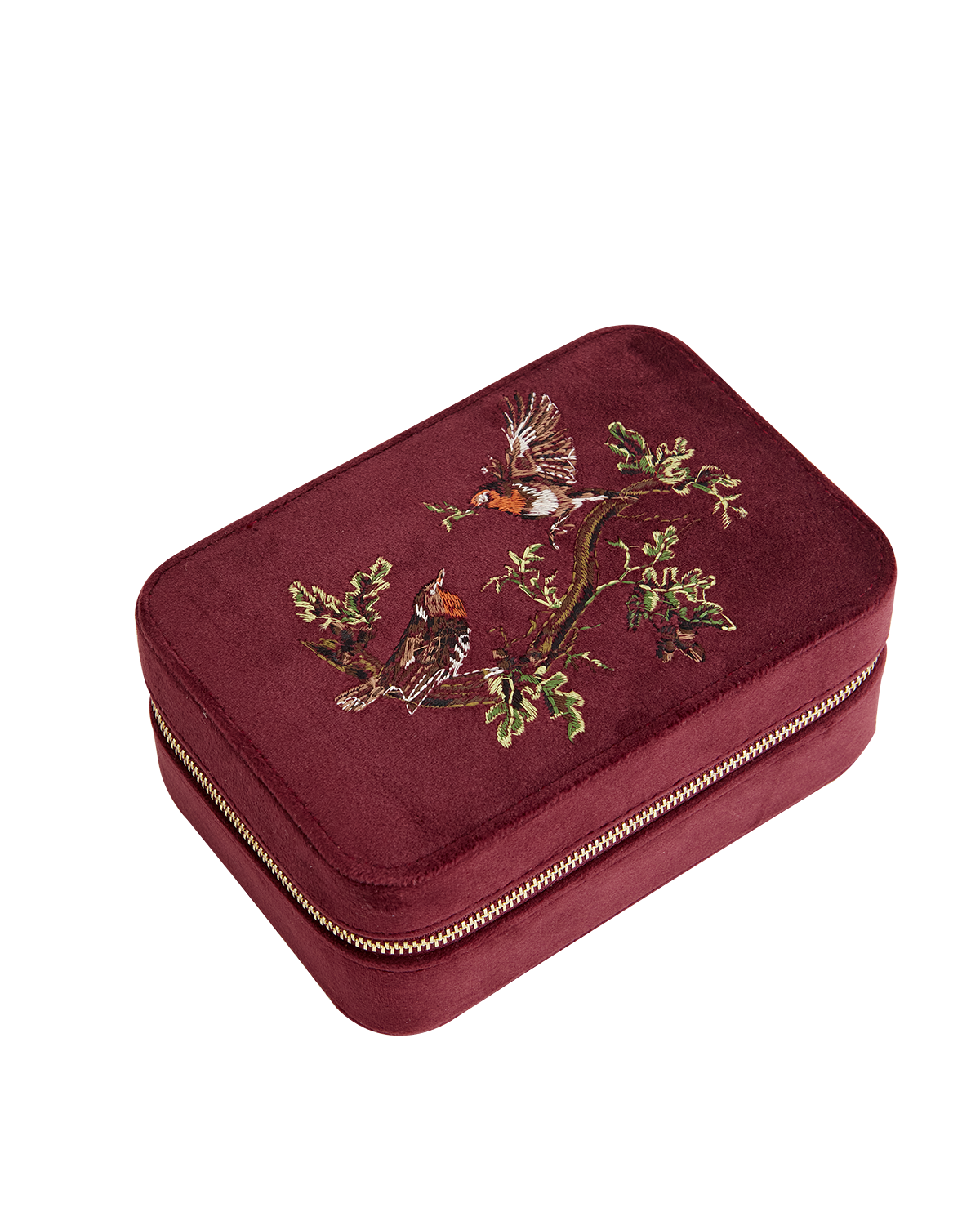 Fable England Robin Love Embroidered Large Jewelry Box Redcurrant Velvet | Women's Jewelry Box