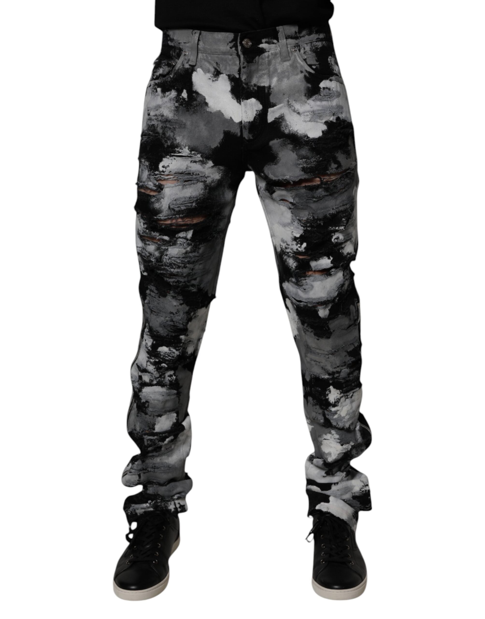 Camouflage Tattered Skinny Denim Jeans — Black