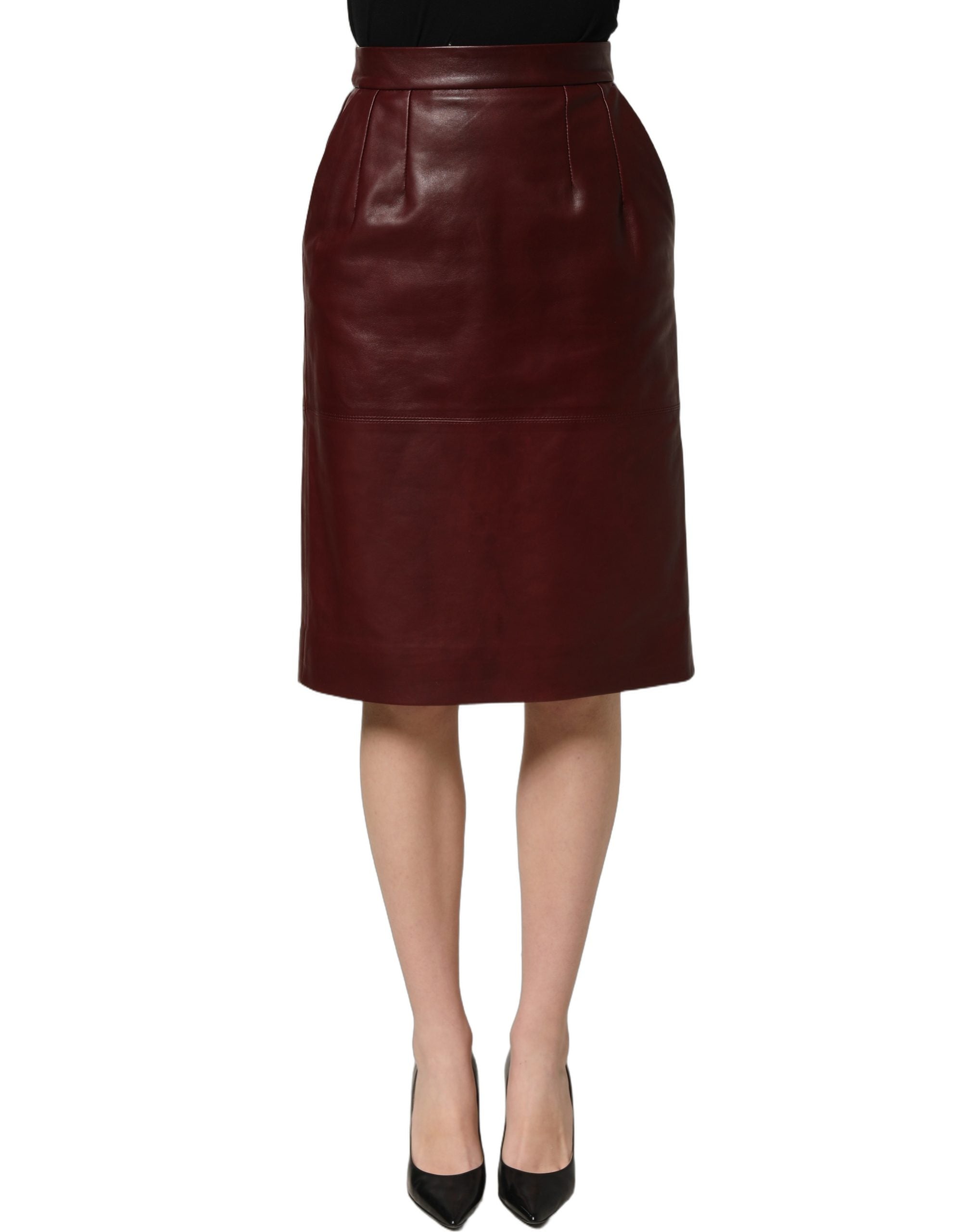 Leather High-Waist Pencil Skirt — Burgundy