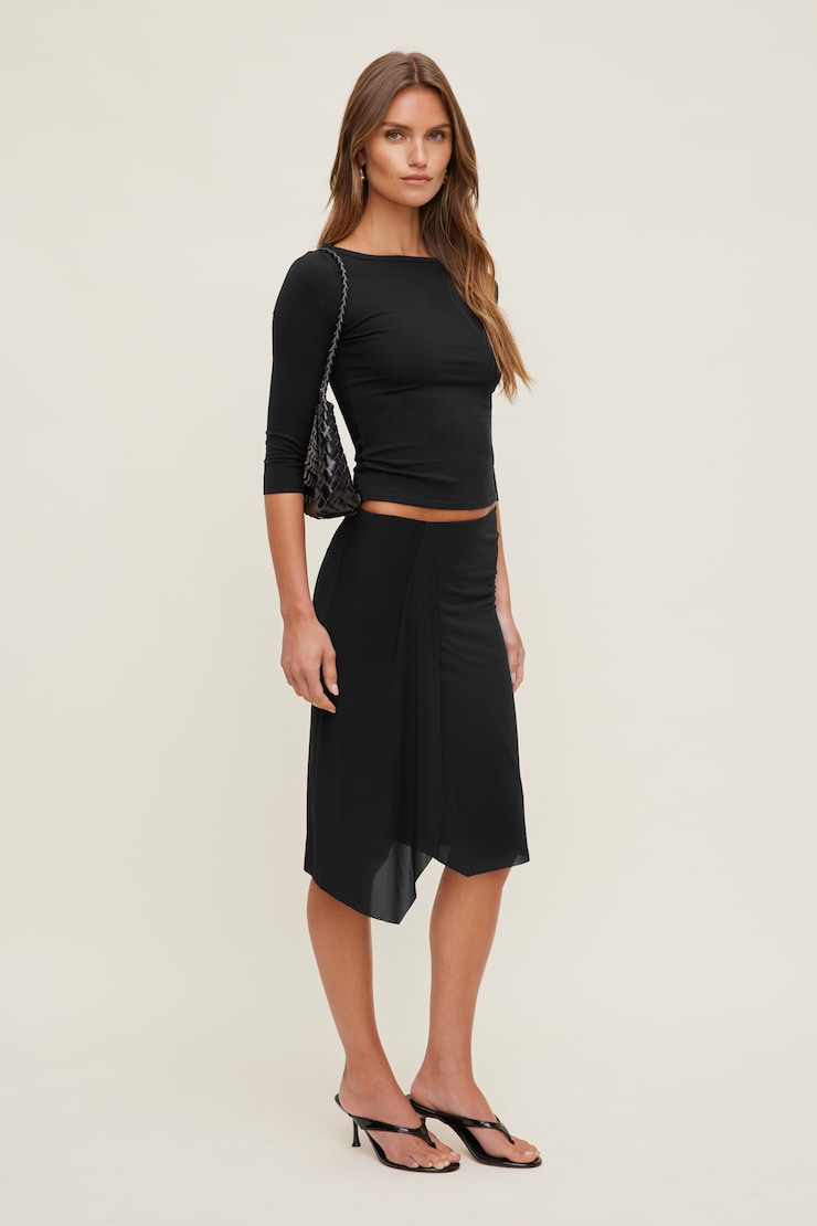 Asymmetric Draped Midi Skirt - Black - Women Clothing