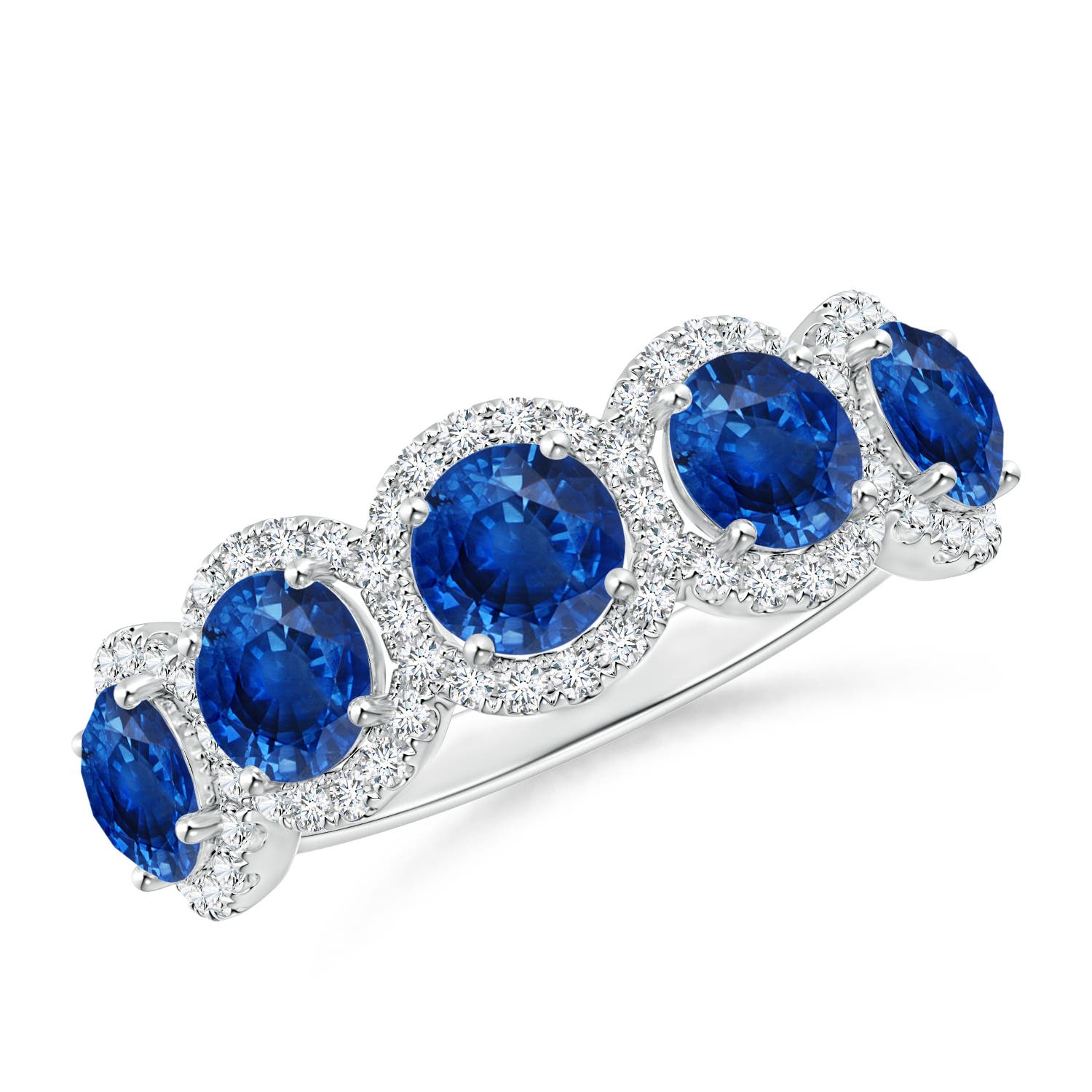 Angara 2.3 Carats Half Eternity Five-Stone Sapphire Halo Ring in 14K White Gold