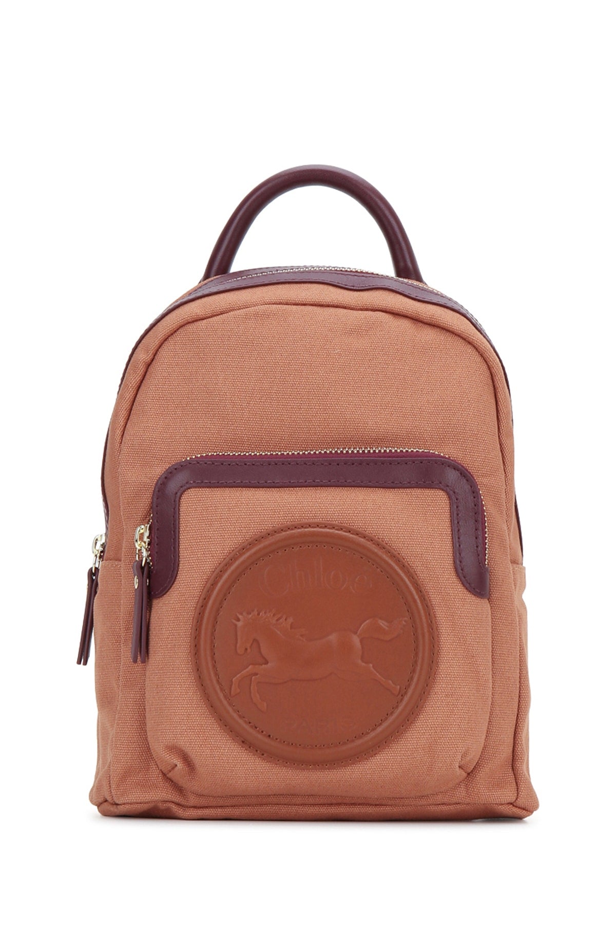Embossed-Logo Canvas Backpack — Beige
