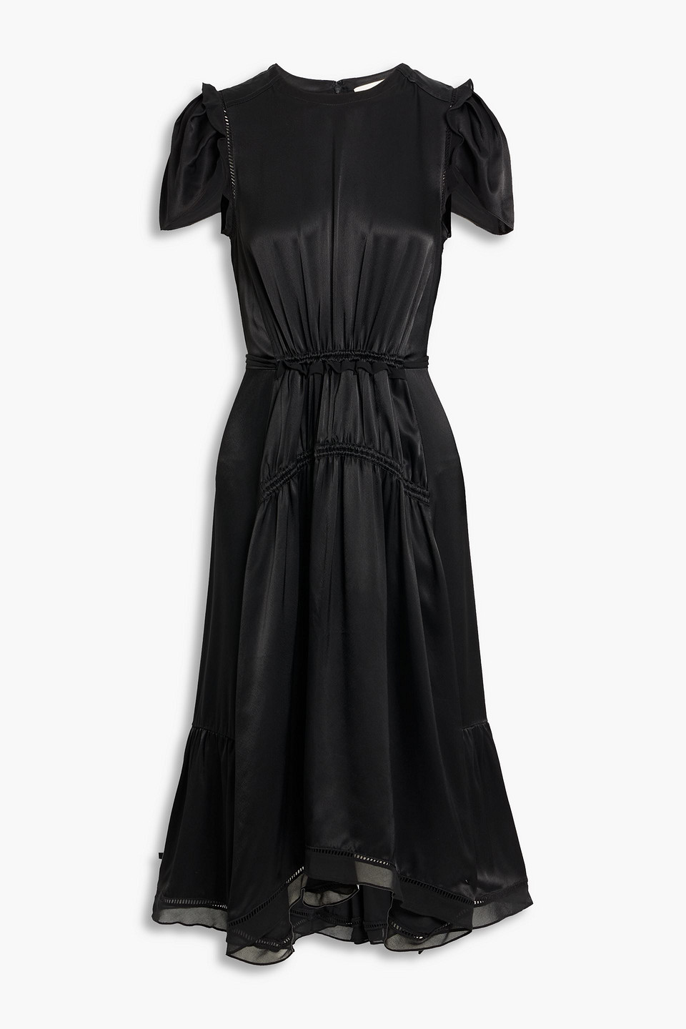 Ruffled chiffon-trimmed satin midi dress - Black - US 0