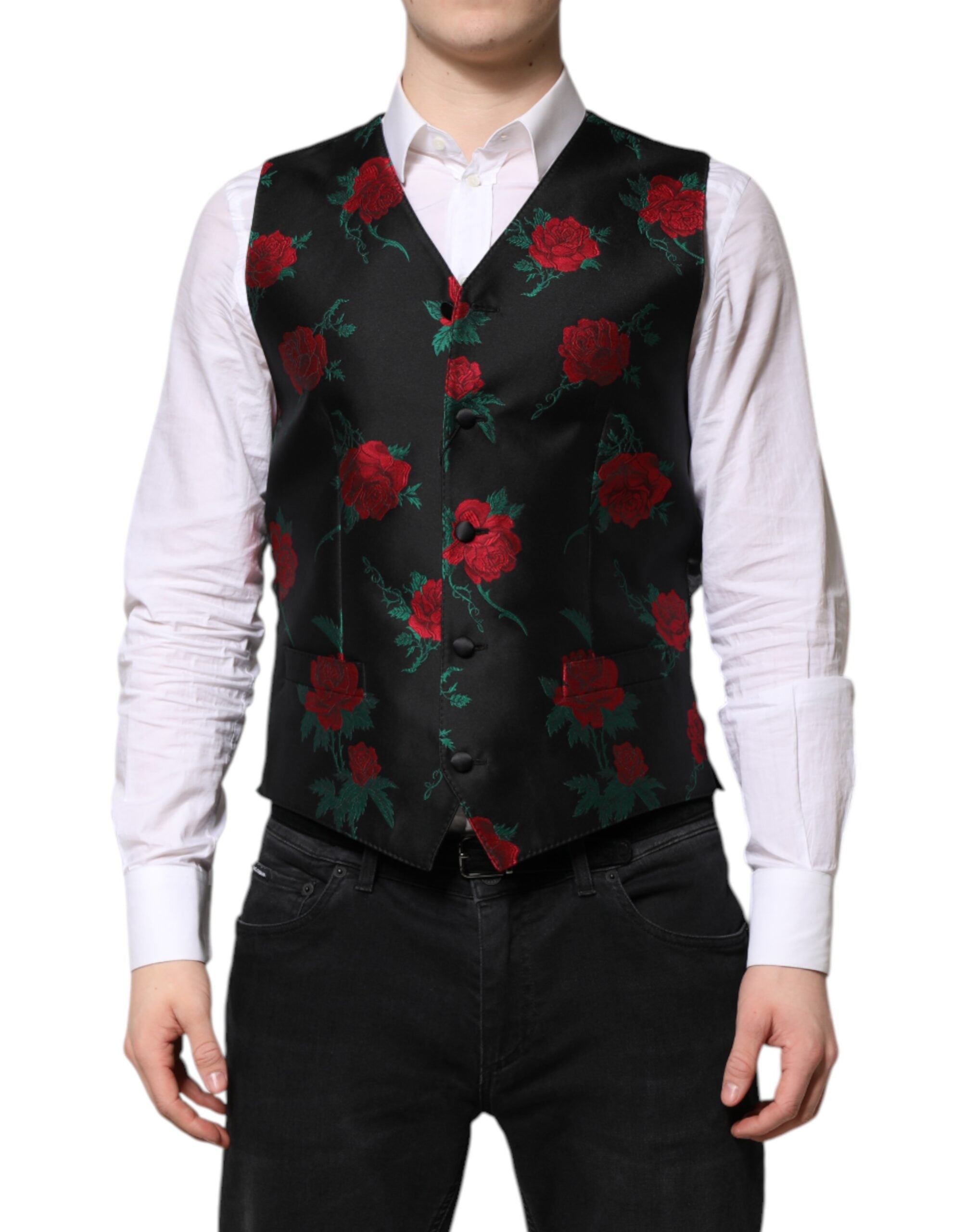 Red Floral Brocade Vest — Black