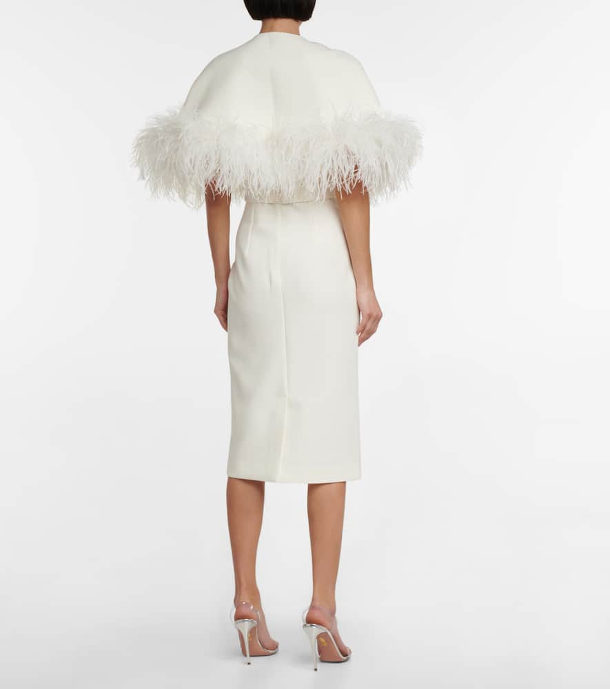 Bridal feather-trimmed crêpe midi dress