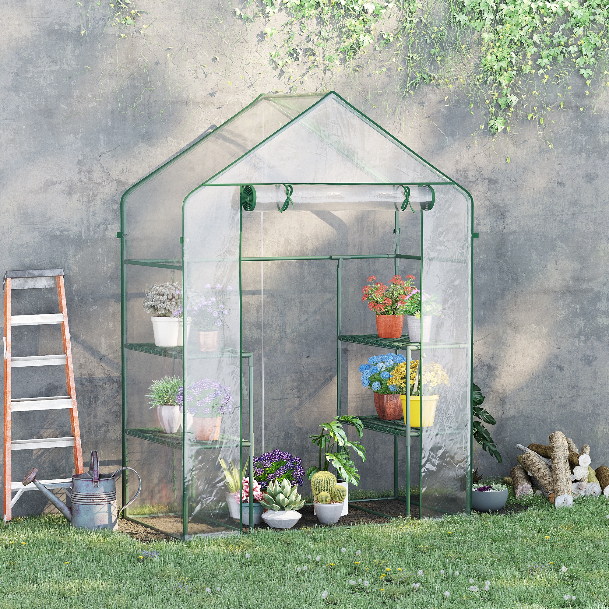 Outsunny Greenhouse Getaway: 56" x 29" x 77" Mini Walk-in Greenhouse with 4 Shelves, Roll-Up Door, Weather Cover, Clear | Aosom Canada