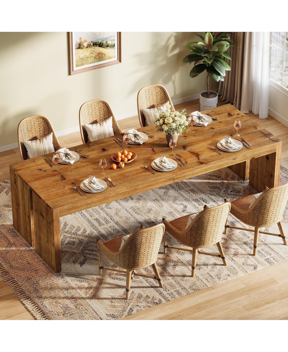 78.7-Inch Solid Wood Dining Table, Farmhouse Kitchen Table for 6-8 People - Natural brown
