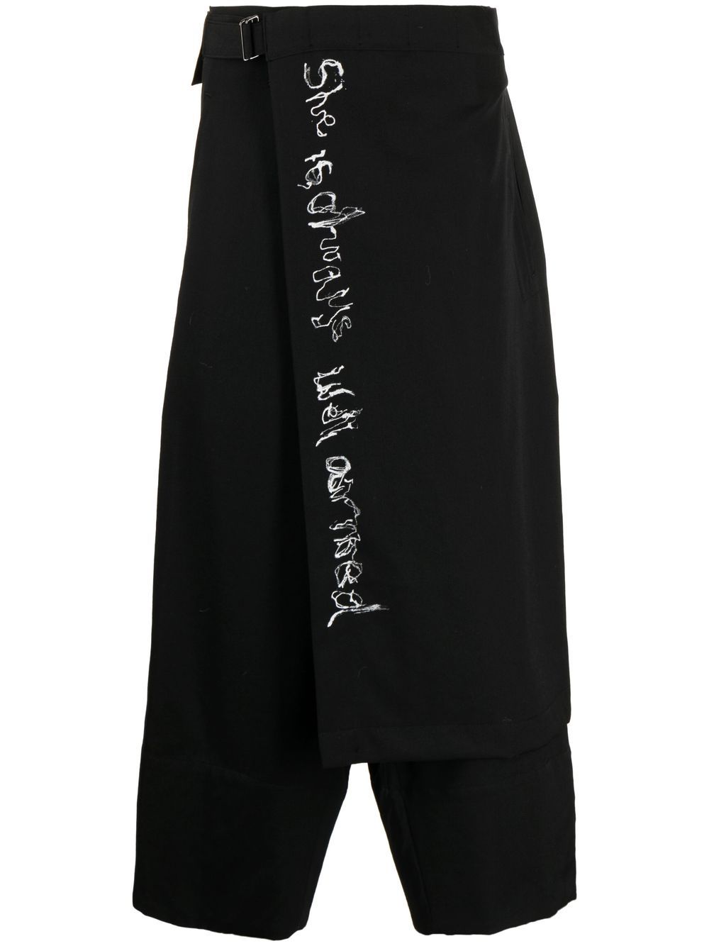 Wrap-design wool cropped trousers - Black
