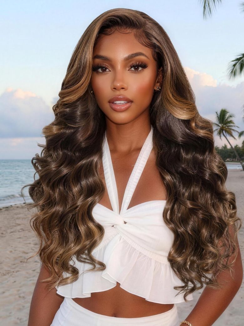 UNice 7x5 Bye Bye Slip™ Lace Chocolate Brown with Caramel Blonde Highlights Body Wave Wig with Side Part Bang