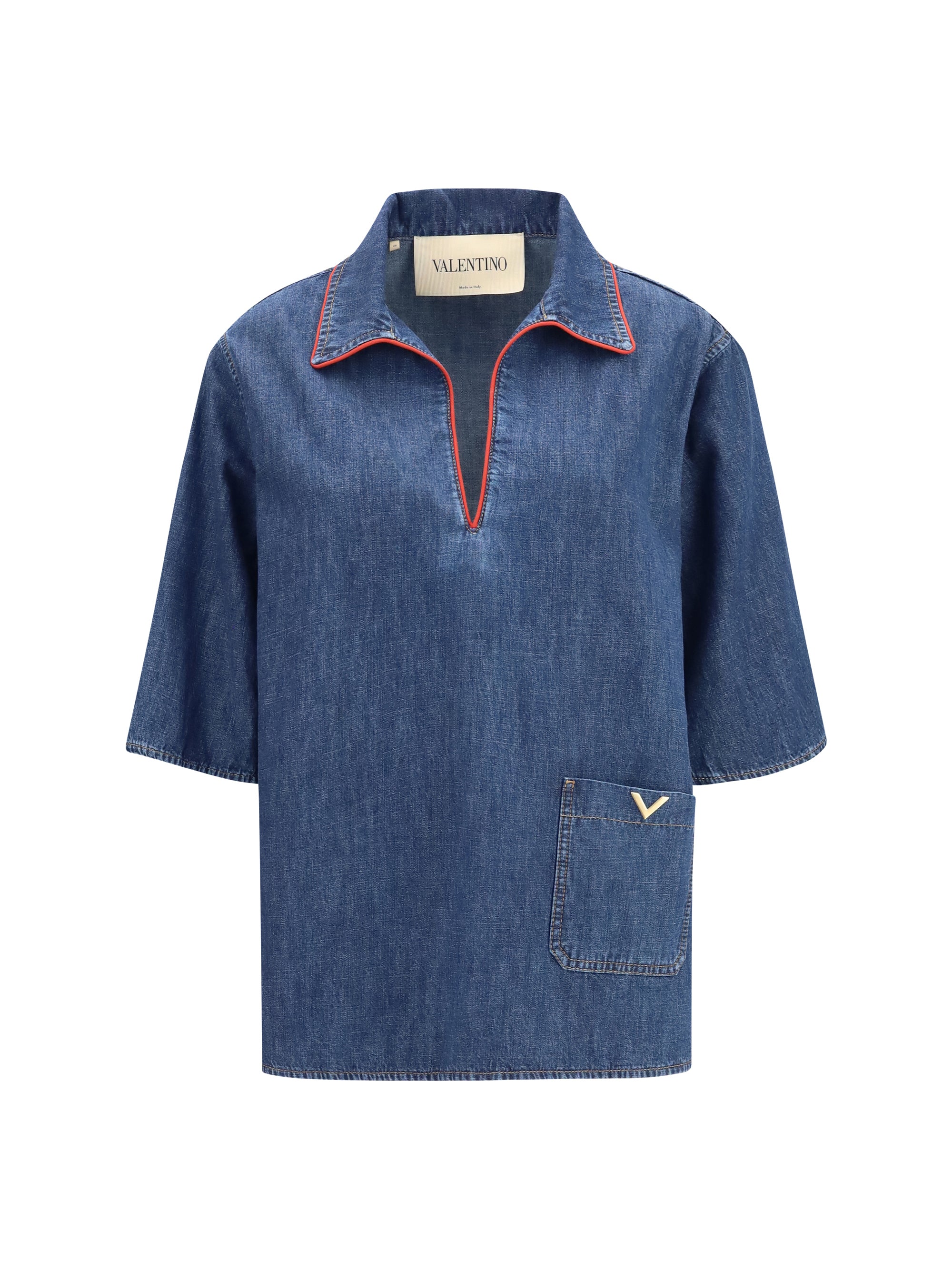 Red-Trimmed Denim Shirt — Blue